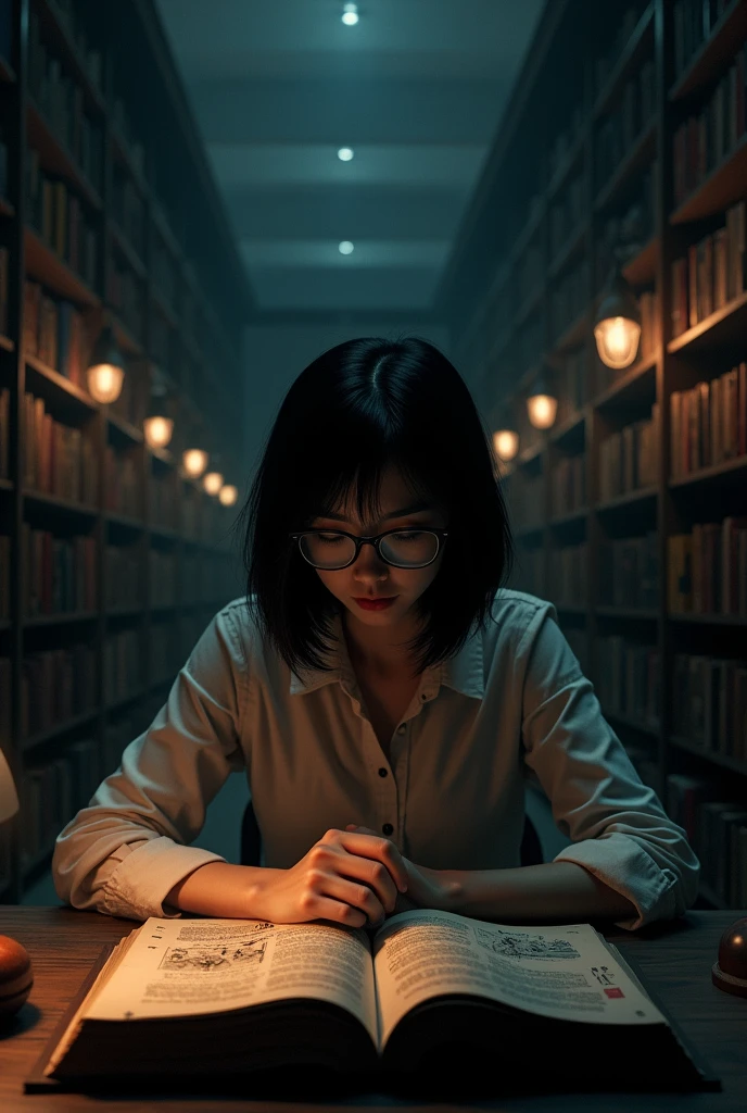 Dim, ambient lighting with shadowy corners, university library bookshelves filled with books, an asian short black hair woman wearing glasses sitting behind a desk, The ancient tome with mysterious symbols and unsettling illustrations, late evening, the only light comes from a few scattered desk lamps, creating pools of warm light amidst the surrounding darkness