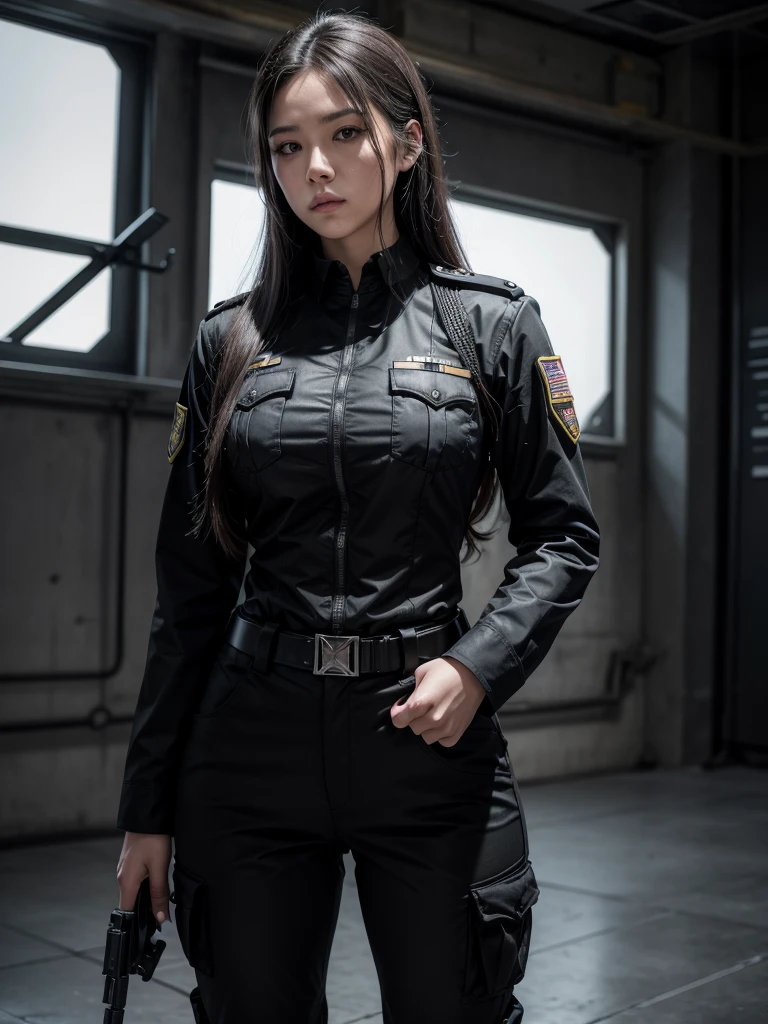 Woman in black uniform and military weaponry, full hd, 4K, striking look, long hair, marked jaw, military woman, outlined body, black military uniform, tactical pants, captain, thick-thighs