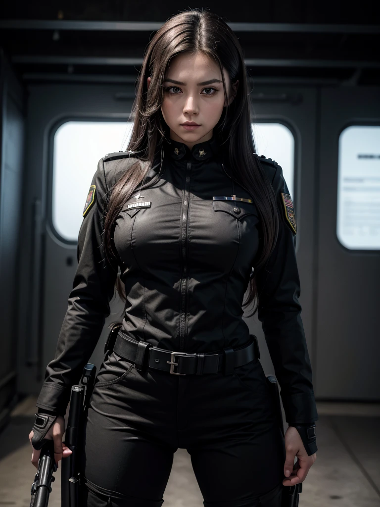 Woman in black uniform and military weaponry, full hd, 4K, striking look, long hair, marked jaw, military woman, outlined body, black military uniform, tactical pants, captain, thick-thighs