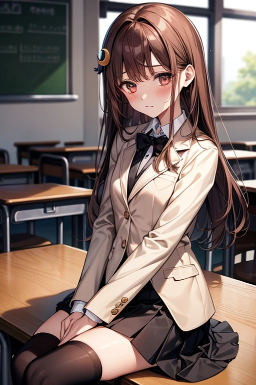 sitting, 1girl, long brown hair, brown eyes, crescent hair ornament, skinny body, small breasts, blush, school uniform, blazer, white jacket whit black edges, black skirt, plated skirt, school black tie, white socks with black details, classroom indoors 