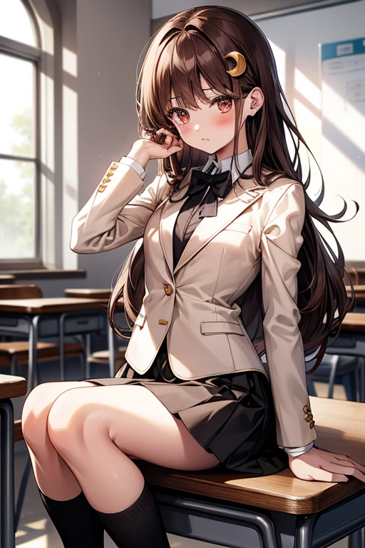 (((((1girl))))), (((best quality))), ((((masterpiece)))), ((ultra-detailed)), (illustration), (detailed light), (an extremely delicate and beautiful), (beautiful detailed eyes), (sunlight), ((extremely light)),
((((school blazer and a pleated skirt)))),
school girl,
wavy medium hair, (((dark brown hair))), (((long hair))),
(((deep orange eyes))),
((whole body)), aged 14 to 17,
diamond, beautiful, ((extra elegant)), (((condescending expression))), (sexually mischievous smile), (((extra adorable))), (((extra slender shape))),
(((sitting on the desk in the classroom with a leg up))),
(((exposed pale pink panties))),
(((extraordinarily thin thighs))),
(((mat white ankle socks))),