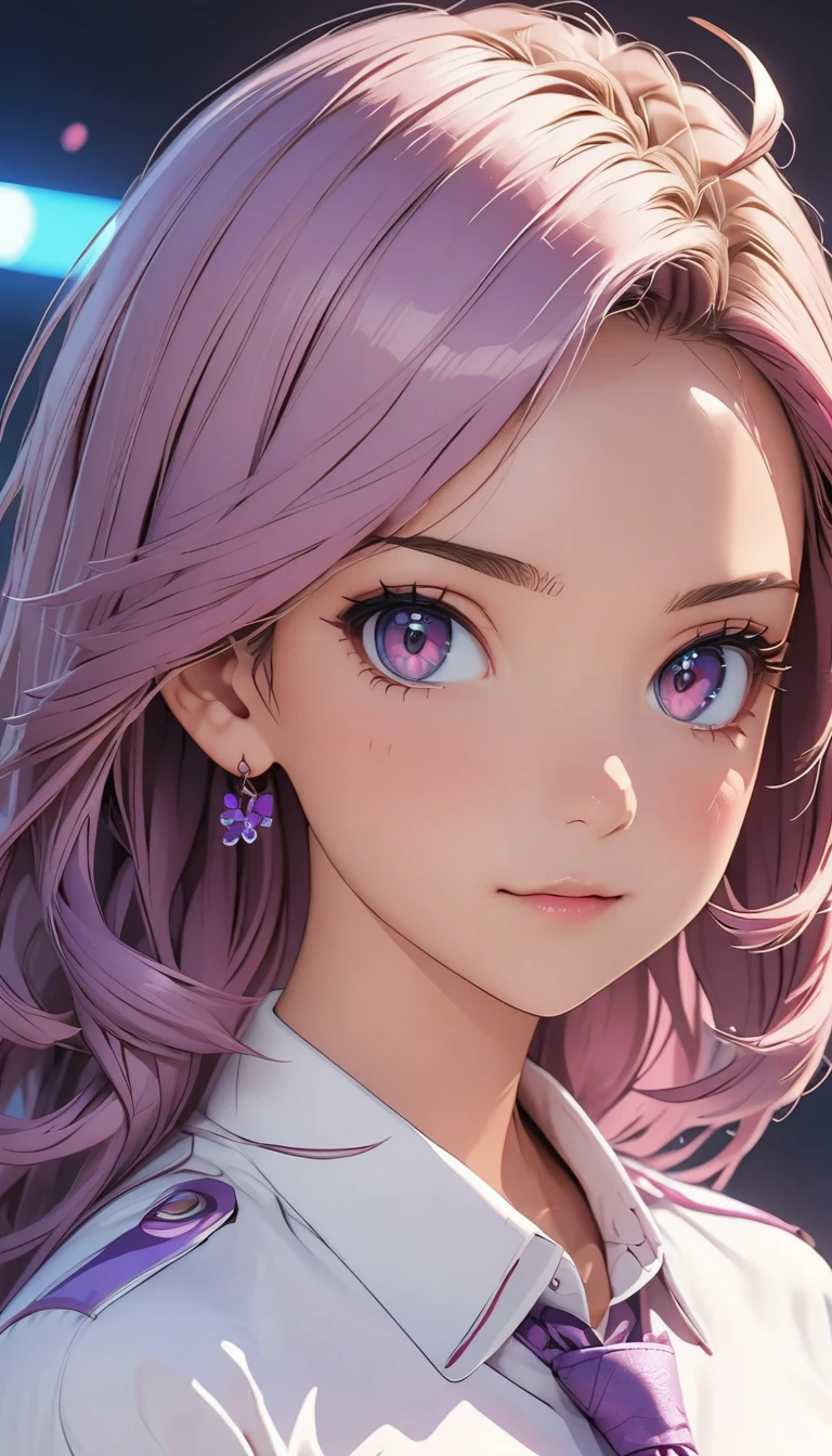 Close-up of a person with purple hair and a purple tie, Stylized anime, Anime Moe Art Style, Katana Zero video game characters, anime girl of the future, Portrait Anime Astronaut Girl, Portrait of a girl in the Knights of the Zodiac, Close up of a young anime, Anime Style, With glowing purple eyes, Anime Styleに, Anime Style3D