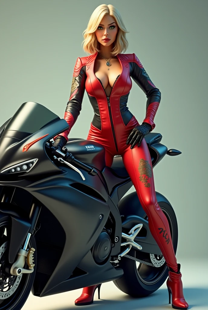Ugly middle-aged woman, with green eyes,hair color and blonde, dressed as the avatar of singer Karol G in Fortnite, being cocky and posing sexy next to her black racing bike