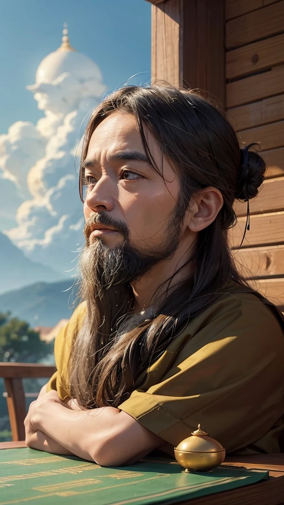 The image includes a wise man and his student.. The wise man was teaching his student knowledge., profound morality. His face was full of wisdom and kindness., hình ảnh cậu bé thông minh, full of studiousness, hình ảnh 4k Cartoon