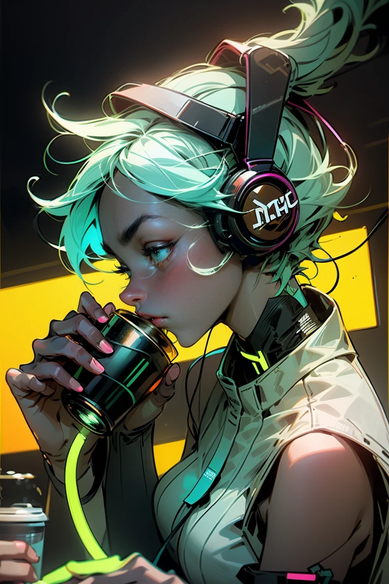 Woman 20 Years Old Nordic Ethnicity, short blue hair with a perfect face and light freckles, Blue-Green Eyes, a instagram profile picture, half body, shown in profile, (((drinking coffee))), (((wearing headphones))) ((Color palette - turquoise, neon green, yellow shades))