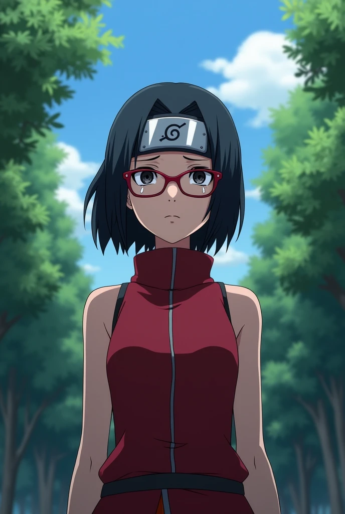 Sarada (a female character from boruto who has thin body, a shot hair neck with bangs pushed aside, black eyes, wear headband konoha ninja on her forehead, red outfit with a collar that covers the neck, a middle slit from top to bottom of the outfit and visible arms, and using a red glasses) looking up to the sky while shedding tears, looking so sad and cry (please make the background daytime and see some trees around it)