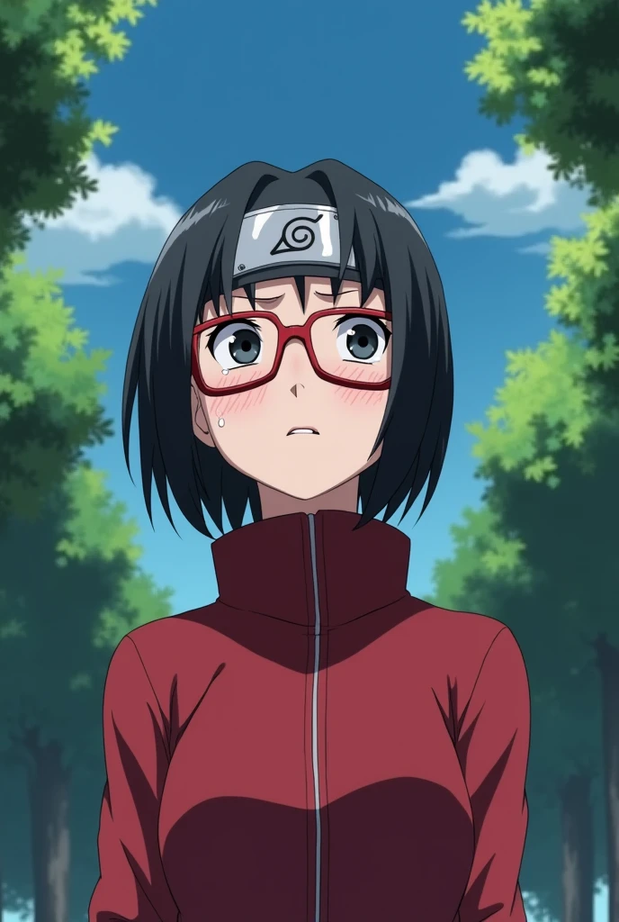 Sarada (a female character from boruto who has thin body, a shot hair neck with bangs pushed aside, black eyes, wear headband konoha ninja on her forehead, red outfit with a collar that covers the neck, a middle slit from top to bottom of the outfit and visible arms, and using a red glasses) looking up to the sky while shedding tears, looking so sad and cry (please make the background daytime and see some trees around it)