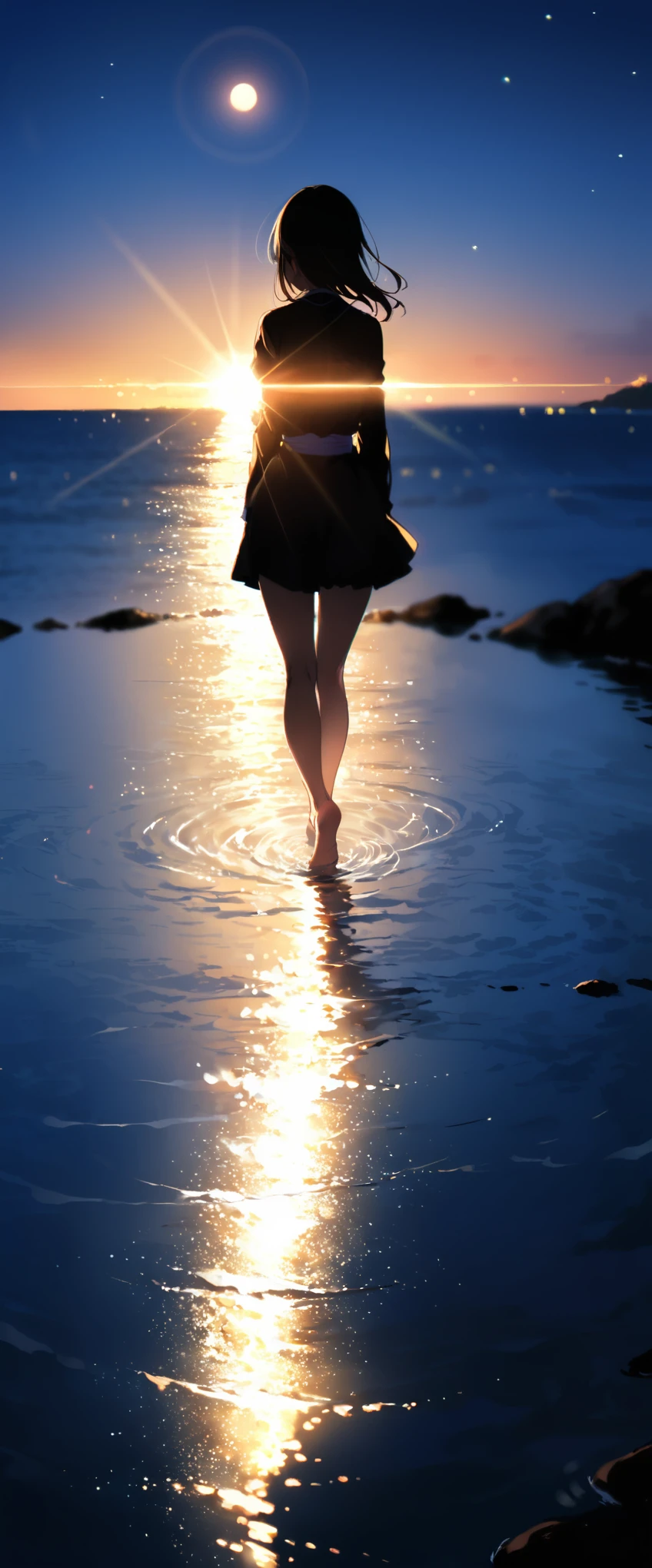 Japanese Girls、(Night view:1.2)、Thin clothes、pretty girl、Put one foot in the sea、Stand on tiptoe、landscape、Between the horizon and the sea、Look sideways、Ripples spread from the toes、Stand about 20 meters away、on the sea、The whole scene is shining、illumination、Blurred foreground,Motion Blur,Background blur,Sharp focus