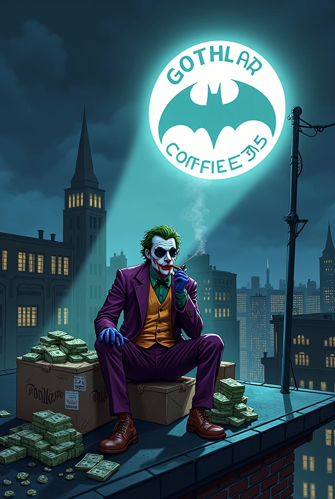 gotham city la nuit avec un projecteur sur un toit qui projette dans le ciel un logo blanc avec ou il y'a écrit dessus Gotham Coffee35 et il y'a le joker qui fume un cigare assis sur le projecteur sur le toit avec une paire de lunettes noir avec des boites et des sac remplie de cannabis et de drogue et des liasses de billet a coter de lui en cartoon