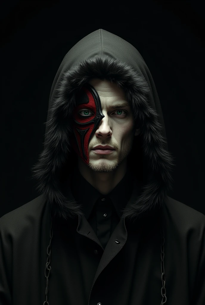Mysterious looking man, black dress, who is taking off a black and red mask. Half of his face is covered and the other half is visible.. has white skin, black fur, green eyes and a half smile. The background is black, comes out from the shadows.