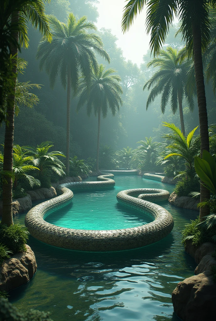A large pool with a snake around it
