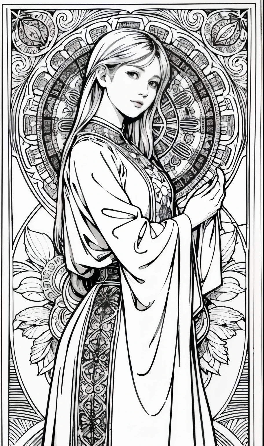 Pursuing their dreams, Coloring Book Pages Coloring Art, All-white background, Use only contours, Line Art, Coloring Book, Clean Line Art, Mandala，Coloring with natural patterns, Simple and clean Line Art, Coloring Book page, Decorated in Art Nouveau, With Alphonse Mucha&#39;s brush, Perfect details, real, White hair，Vine Tanghua