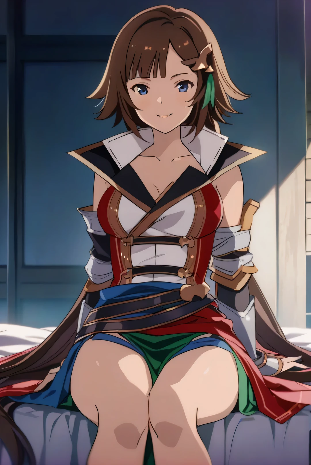 1girl, solo, leona \(granblue fantasy\), bedroom, looking at viewer, smile, full_shot, sirld, anime screencap, masterpiece, best quality, sit on the bed,