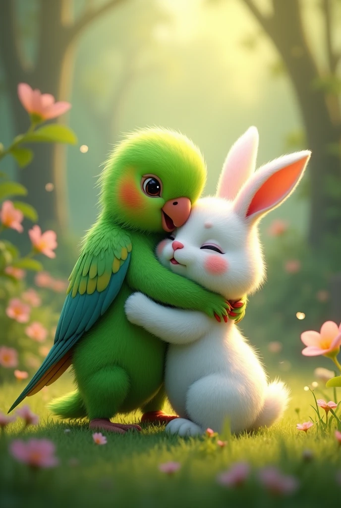 green parrot hugs the white rabbit