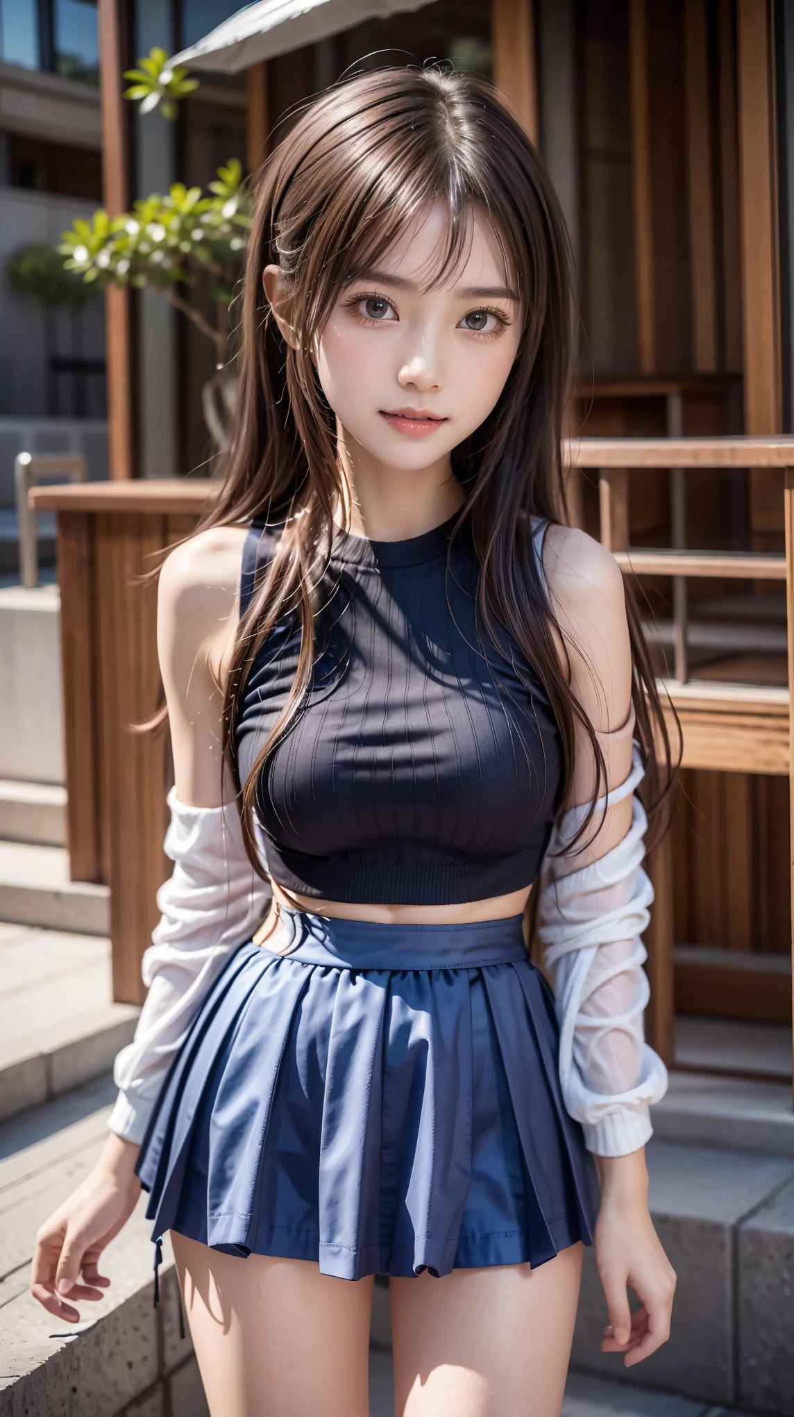 (((A pure and cute high school girl stands in a futuristic city:1.2))), (The strong wind blows the skirt up:1.4), (((Cute underwear is visible:1.2))), Beautiful straight hair, Brown Hair, Immersion, (Beautiful symmetrical eyes), ((Thin thighs, Inner thighs:1.2)), Slender body line, ((Tight waist:1.2)), (Japanese Idols, Baby Face, Beautiful girl), (Perfect Anatomy:1.2), (Beautiful breasts, The straps accentuate the bust), Beautiful buttocks, (Highest quality、Highest quality、Masterpiece、Ultra high definition、Reality:1.37), (Detailed eyes and face:1.3、Professional photography techniques)、(Detailed hands:1.1、The right move:1.1)、((Hair and skirt fluttering in the wind:1.3)), (((mini skirt)))