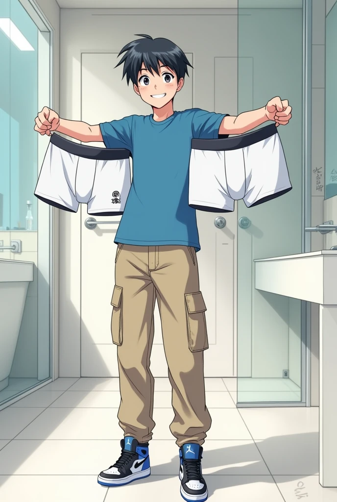 into the image, a cool ager , with white skin and straight black hair, is posing in a bathroom. He wears a blue t-shirt and beige cargo pants., complemented by a pair of Air Jordan sneakers in blue, black andwhite. The young man is holding only a pair of underwear (of the boxer model), this underwear is white (of the size he would wear) with both hands, displaying it to the "Camera", with a happy and relieved expression. The bathroom in the background is modern and minimalist., with details like a large mirror and light tiles. The teen's expression is relaxed and fun, besides him appearing relieved, giving a casual and informal tone to the image, In anime style, ele segura apenas uma cueca of the boxer model d tamanho dele !