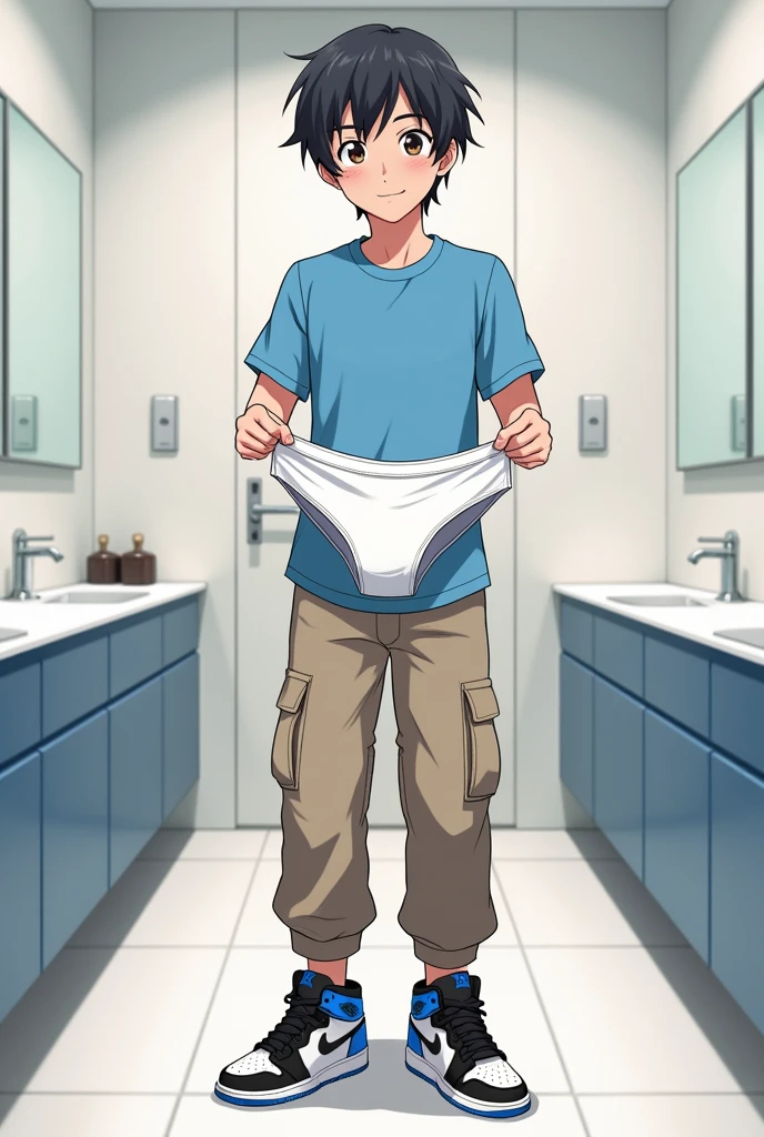into the image, a cool ager , with white skin and straight black hair, is posing in a bathroom. He wears a blue t-shirt and beige cargo pants., complemented by a pair of Air Jordan sneakers in blue, black andwhite. The young man is holding only a pair of underwear (of the boxer model), this underwear is white (of the size he would wear) with both hands, displaying it to the "Camera", with a happy and relieved expression. The bathroom in the background is modern and minimalist., with details like a large mirror and light tiles. The teen's expression is relaxed and fun, besides him appearing relieved, giving a casual and informal tone to the image, In anime style, ele segura apenas uma cueca of the boxer model d tamanho dele !