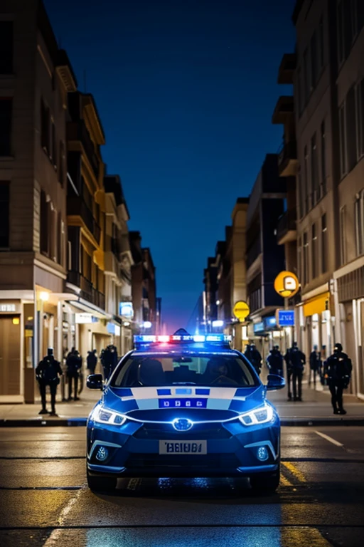 realistic photo of a police officer patrolling a street, with a modern patrol car in the background, bright street lighting, calm and safe environment