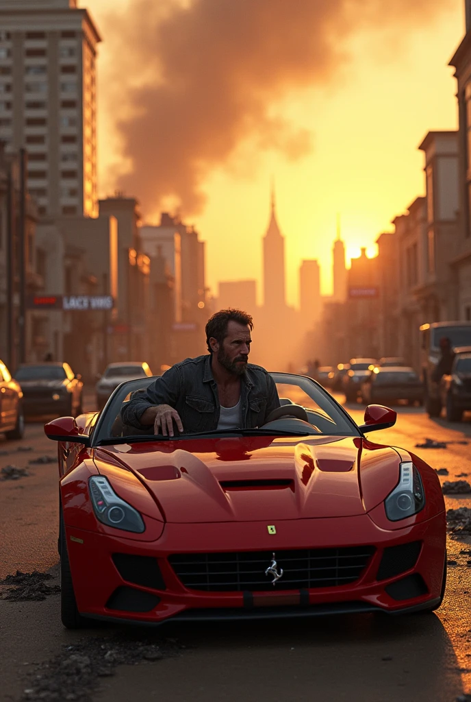 A guy in a zombie apocalypse in Las Vegas sitting in a Ferrari and watching the sunset with the whole city in destruction