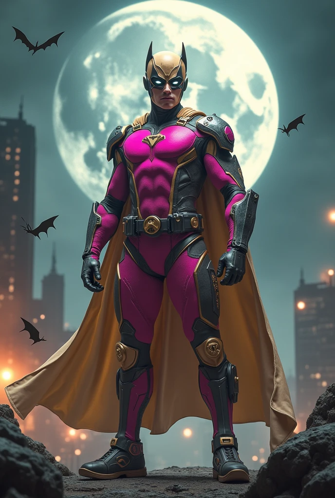 high-tech suit, vivid effects, malaysian superhero (KELUANG MAN) in a striking pink and beige costume cyberpunk design, mask small mini bat ear beige, daredevil biage mask, jumpsuit dark pink stands confidently in a dramatic, stormy landscape. ((Head covered node guard like batman , athletic body type, small mini ear bat mask))The character wears domino mask a helmet with pointed mini torn ears and a flowing cape biege, open nose and mouth. Equipped with visible futuristic weapons on a belt,bullet proof jacket pink dark day, dark night, big supermoon effect . Sma.logo on chest triangle shape small punisher logo center triangle cyber logo center on chest pink logo mini logo . rocky. Building top.smoke ground , bomb effect background, adding to --ar 3:4 --style raw --stylize 500 --v 6.1. chaos. Lot of small flying bat .bullet effect