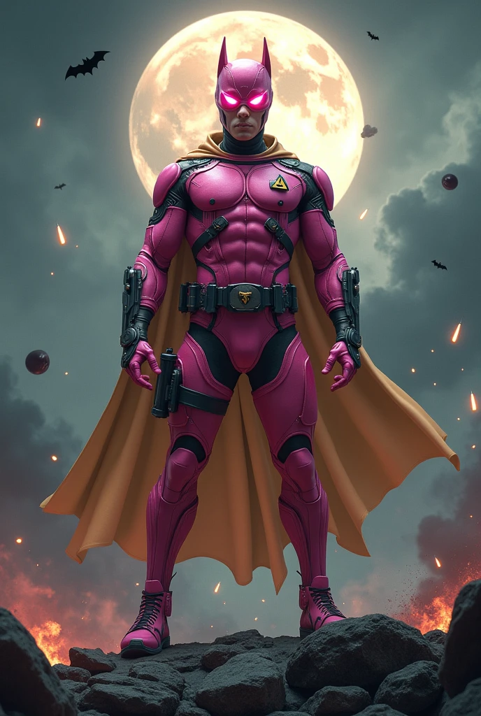 high-tech suit, vivid effects, malaysian superhero (KELUANG MAN) in a striking pink and beige costume cyberpunk design, mask small mini bat ear beige, daredevil biage mask, jumpsuit dark pink stands confidently in a dramatic, stormy landscape. ((Head covered node guard like batman , athletic body type, small mini ear bat mask))The character wears domino mask a helmet with pointed mini torn ears and a flowing cape biege, open nose and mouth. Equipped with visible futuristic weapons on a belt,bullet proof jacket pink dark day, dark night, big supermoon effect . Sma.logo on chest triangle shape small punisher logo center triangle cyber logo center on chest pink logo mini logo . rocky. Building top.smoke ground , bomb effect background, adding to --ar 3:4 --style raw --stylize 500 --v 6.1. chaos. Lot of small flying bat .bullet effect