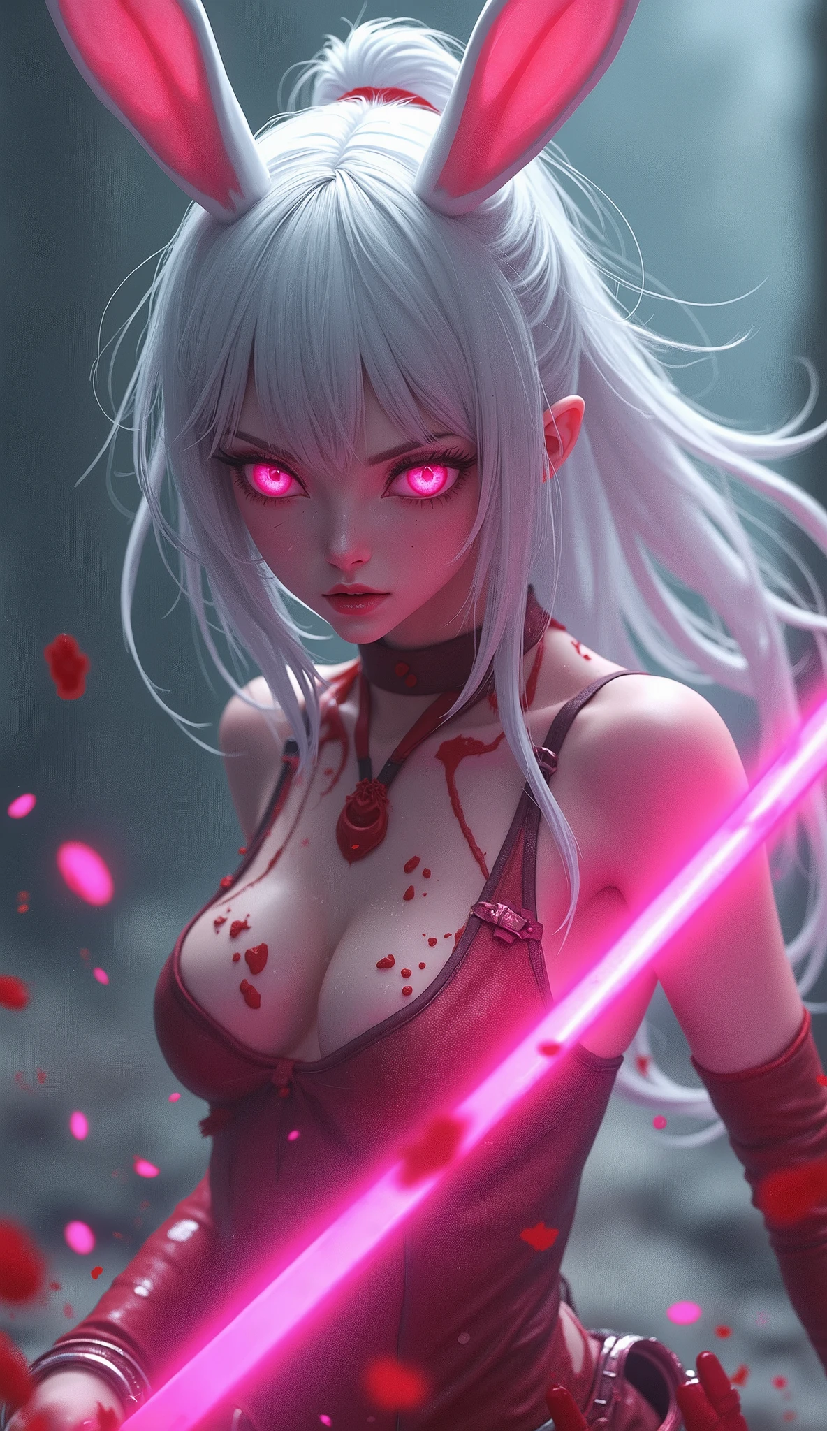 anime girl, white hair, white bunny ears, pink eyes, and pink fighting with a pink sword and angry all covered in blood maid outfit with enormous busts, high quality, (RAW photo, best quality), (realistic, photorealistic: 1.4), (extremely delicate and beautiful: 1.4), amazing, fine details, masterpiece, ultra detailed, high resolution, best illustration, best shadow, intricate, ( extremely intricate: 1.2), (exquisitely detailed skin), cinematic light, perfect anatomy, (cool color: 1.4), sharp focus, 8k UHD, DSLR, (Fujifilm XT3),Epic Fantasy Art Style HD, 4K fantasy art, epic fantasy digital art style, epic fantasy art style, Fantasy Woman, epic fantasy art portrait, Epic fantasy style, hyperrealistic fantasy art, hd fantasy art, Epic fantasy character art, epic fantasy art, in style of dark fantasy art, epic fantasy digital art, blood dripping from eyes,