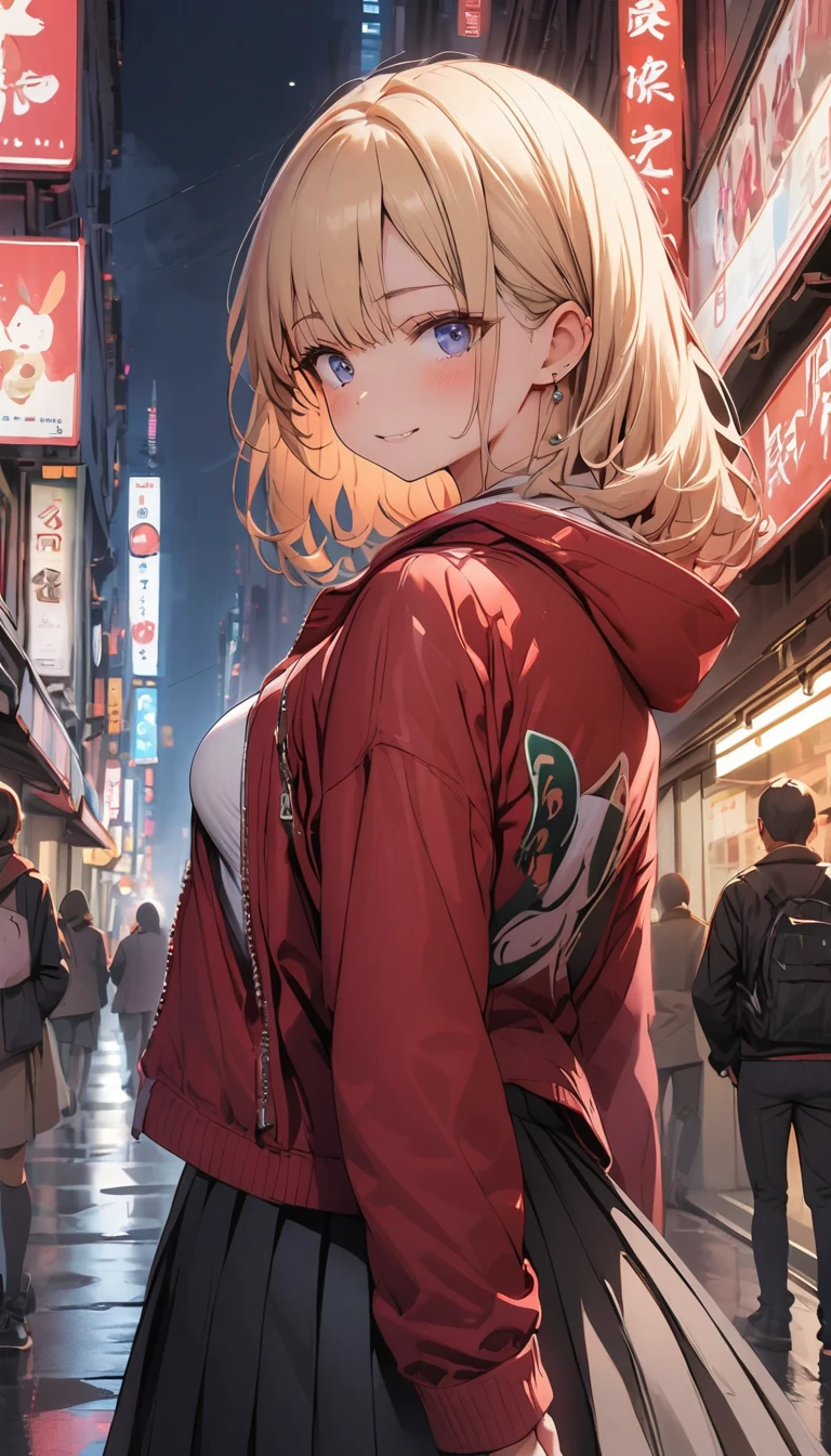 High resolution,masterpiece,Highest quality,Very detailed,Browsing Caution,One person,city, street,Put your arms behind your back, Black Skirt, Red coat, Eye focus,