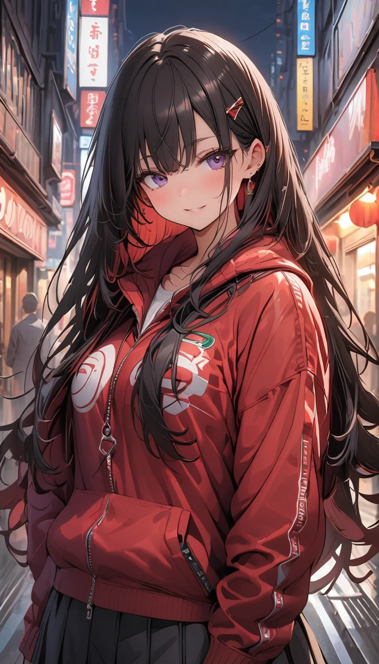 High resolution,masterpiece,Highest quality,Very detailed,Browsing Caution,One person,city, street,Put your arms behind your back, Black Skirt, Red coat, Eye focus,