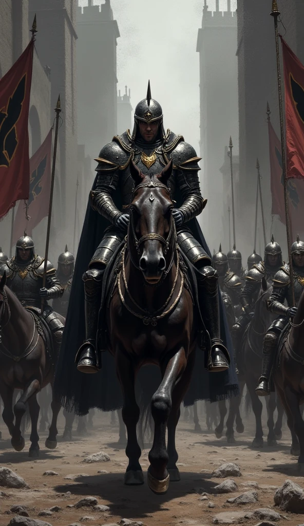 A full-body, realistic depiction of Kael Valaran, the Lord Commander of the Iron Talons, leading his army on horseback. Kael is clad in his masterfully crafted black armor adorned with gold ornaments, exuding authority and strength. He rides a powerful warhorse, its dark coat gleaming in the dim light. Behind him, the Iron Talon army marches out of a dark, imposing city with towering walls and shadowy streets. The soldiers are clad in armor, carrying banners with the black talon emblem, and the atmosphere is tense and foreboding. The scene captures the moment of departure as the army marches into an uncertain future, led by their formidable commander. The art style is realistic, with dark fantasy elements, emphasizing the grim and determined mood of the scene.