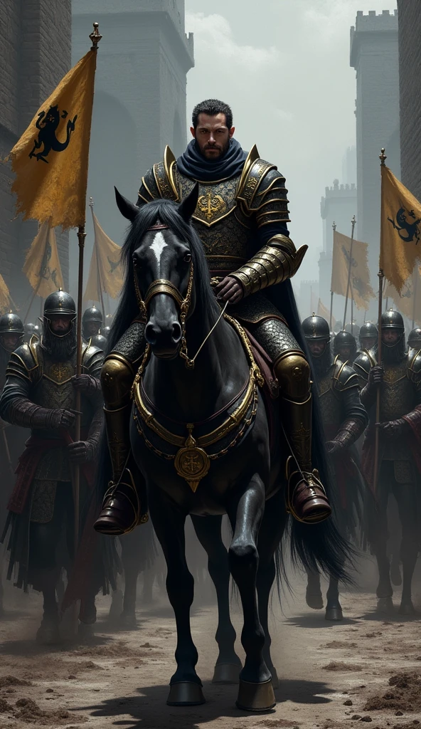 A full-body, realistic depiction of Kael Valaran, the Lord Commander of the Iron Talons, leading his army on horseback. Kael is clad in his masterfully crafted black armor adorned with gold ornaments, exuding authority and strength. He rides a powerful warhorse, its dark coat gleaming in the dim light. Behind him, the Iron Talon army marches out of a dark, imposing city with towering walls and shadowy streets. The soldiers are clad in armor, carrying banners with the black talon emblem, and the atmosphere is tense and foreboding. The scene captures the moment of departure as the army marches into an uncertain future, led by their formidable commander. The art style is realistic, with dark fantasy elements, emphasizing the grim and determined mood of the scene.