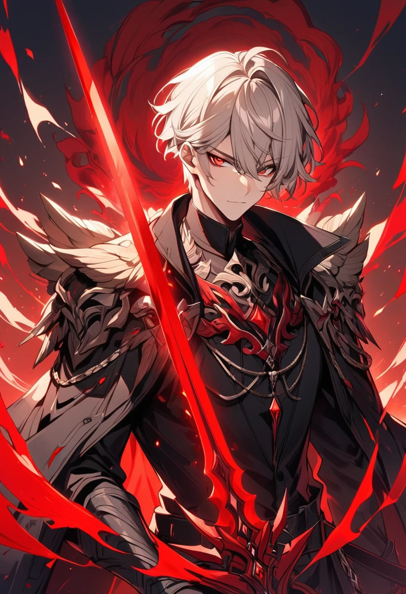 solo, handsome, 1 male, short hair, platinum blond hair, red eyes, black shirt, black coat, red aura, black sword with red aura