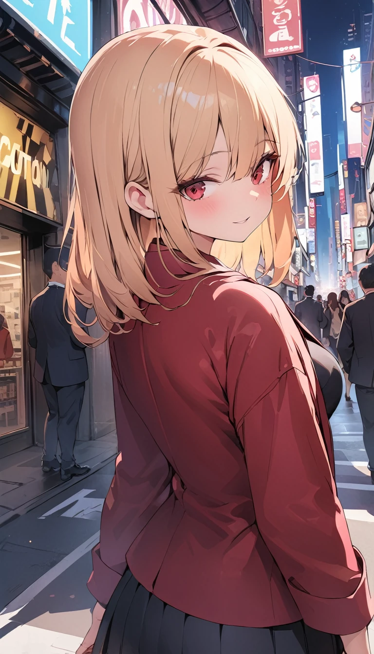 High resolution,masterpiece,Highest quality,Very detailed,Browsing Caution,One person,city, street,Put your arms behind your back, Black Skirt, Red coat, Eye focus,