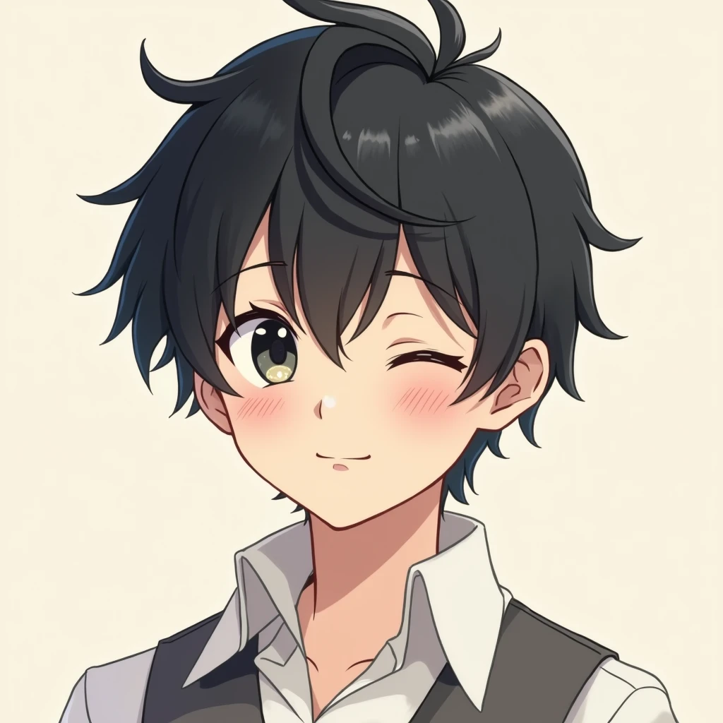 A man around 2 with squinting eyes and black hair、I'd like some illustrations that look like handsome anime characters.