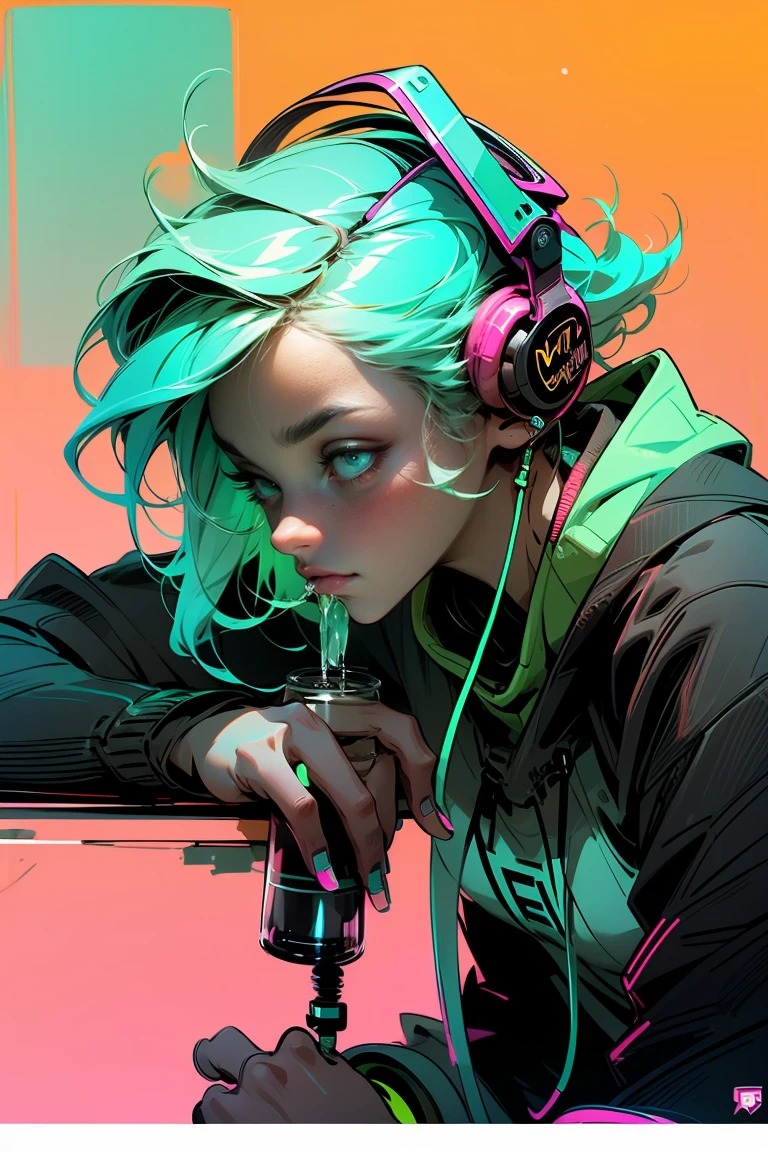 Woman 20 Years Old Nordic Ethnicity, short blue hair with a perfect face and light freckles, Blue-Green Eyes, a instagram profile picture, half body, shown in profile, foto realistic, (((drinking coffee))), (((wearing headphones))) ((Color palette - turquoise, neon green, yellow shades))