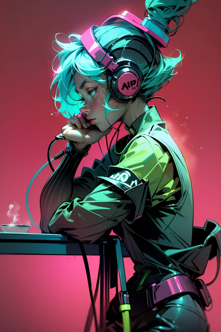 Woman 20 Years Old Nordic Ethnicity, short blue hair with a perfect face and light freckles, Blue-Green Eyes, a instagram profile picture, half body, shown in profile, foto realistic, (((drinking coffee))), (((wearing headphones))) ((Color palette - turquoise, neon green, yellow shades))