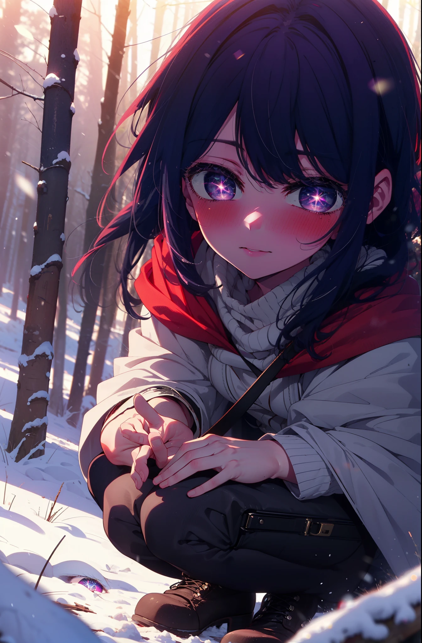 aihoshino, Ai Hoshino, Long Hair, bangs, (Purple eyes:1.1), Purple Hair, (Symbol-shaped pupil:1.5), smile,,smile,blush,white breath,
Open your mouth,snow,Ground bonfire, Outdoor, boots, snowing, From the side, wood, suitcase, Cape, Blurred, , forest, White handbag, nature, Squat, Mouth closed, Cape, winter, Written boundary depth, Black shoes, red Cape break looking at viewer, Upper Body, whole body, break Outdoor, forest, nature, break (masterpiece:1.2), Highest quality, High resolution, unity 8k wallpaper, (shape:0.8), (Beautiful and beautiful eyes:1.6), Highly detailed face, Perfect lighting, Extremely detailed CG, (Perfect hands, Perfect Anatomy),