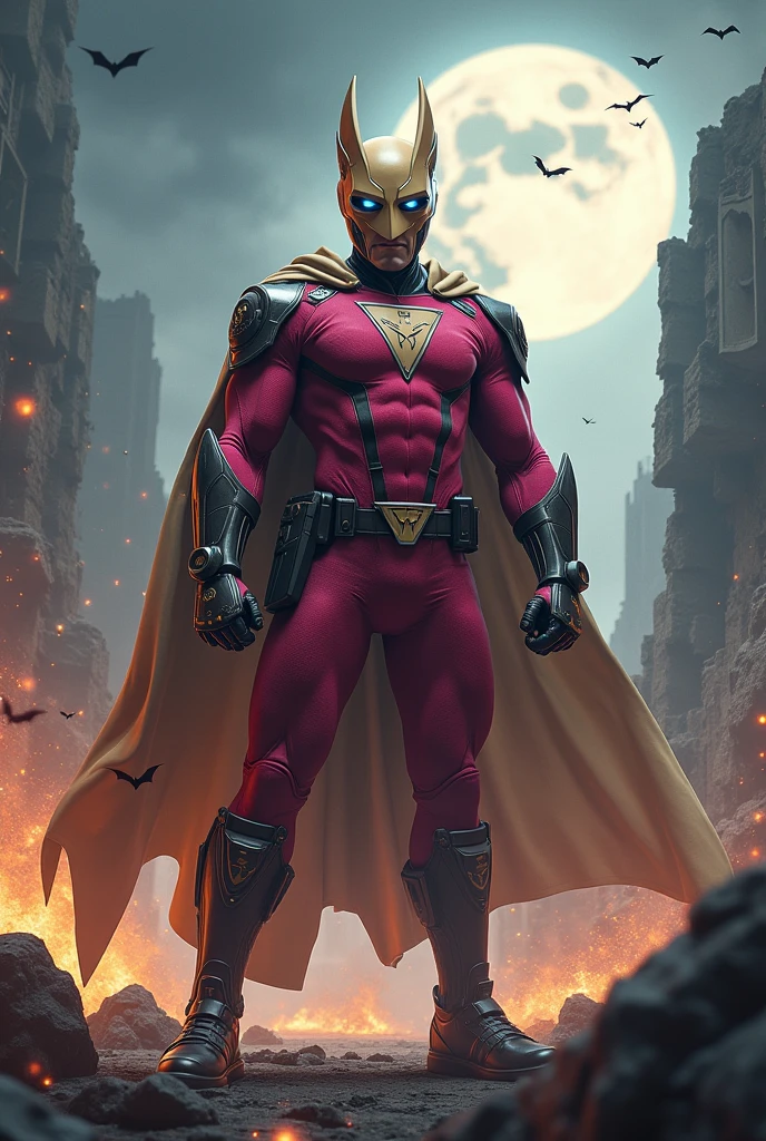 high-tech suit, vivid effects, malaysian superhero (KELUANG MAN) in a striking pink and beige costume cyberpunk design, mask small mini bat ear beige, daredevil biage mask, jumpsuit dark pink stands confidently in a dramatic. Fighting pose , stormy landscape. ((Head covered node guard like batman , athletic body type, small mini ear bat mask))The character wears domino mask a helmet with pointed mini torn ears and a flowing cape biege, open nose and mouth. Equipped with visible futuristic weapons on a belt,bullet proof jacket pink dark day, dark night, big supermoon effect . Sma.logo on chest triangle shape small punisher logo center triangle cyber logo center on chest pink logo mini logo . rocky. Building top.smoke ground , bomb effect background, adding to --ar 3:4 --style raw --stylize 500 --v 6.1. chaos. Lot of small flying bat .
