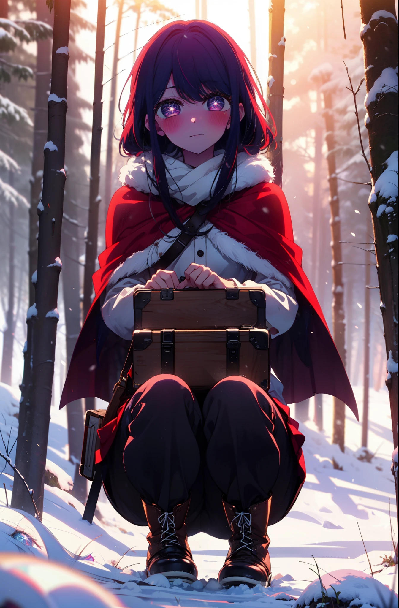 aihoshino, Ai Hoshino, Long Hair, bangs, (Purple eyes:1.1), Purple Hair, (Symbol-shaped pupil:1.5), smile,,smile,blush,white breath,
Open your mouth,snow,Ground bonfire, Outdoor, boots, snowing, From the side, wood, suitcase, Cape, Blurred, , forest, White handbag, nature, Squat, Mouth closed, Cape, winter, Written boundary depth, Black shoes, red Cape break looking at viewer, Upper Body, whole body, break Outdoor, forest, nature, break (masterpiece:1.2), Highest quality, High resolution, unity 8k wallpaper, (shape:0.8), (Beautiful and beautiful eyes:1.6), Highly detailed face, Perfect lighting, Extremely detailed CG, (Perfect hands, Perfect Anatomy),