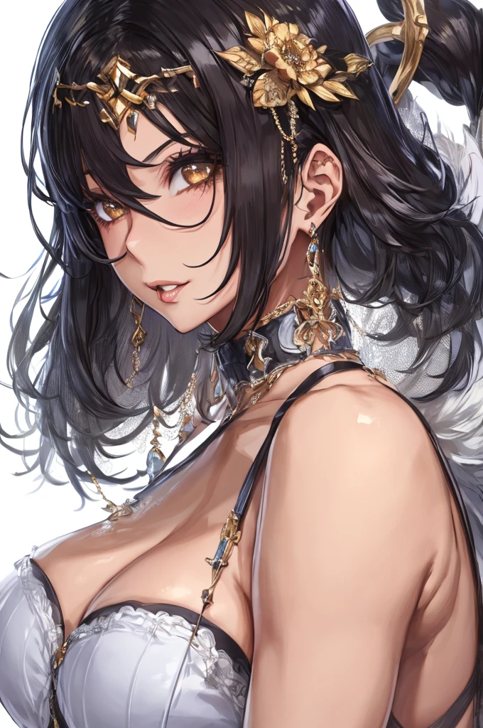 (Masterpiece, 4K, Best quality, Highly detailed, 1 mature female, Solo), A MILF, Black hair, Brown eyes, Long hair, Upper body, (Large breasts), Wide buttock, (3), ((Goddess of the Sky)), (White background), (Mother, Wife), Perfect flesh full of texture, Captivating visual treat