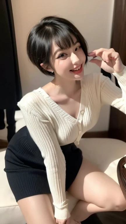 Highest quality,whole body,woman,Blunt bangs,Black Hair,Short Crop Hair,Shiny Hair,bright、Has a lively expression,健康的でbright肌の色,Small Mouth,Thick lips,Big Breasts,The thighs are a little thicker,Looking into the camera,Cinema Lighting,Black suit,Black slacks, White shirt,Black tie,Small Ass,,Wearing black sunglasses,