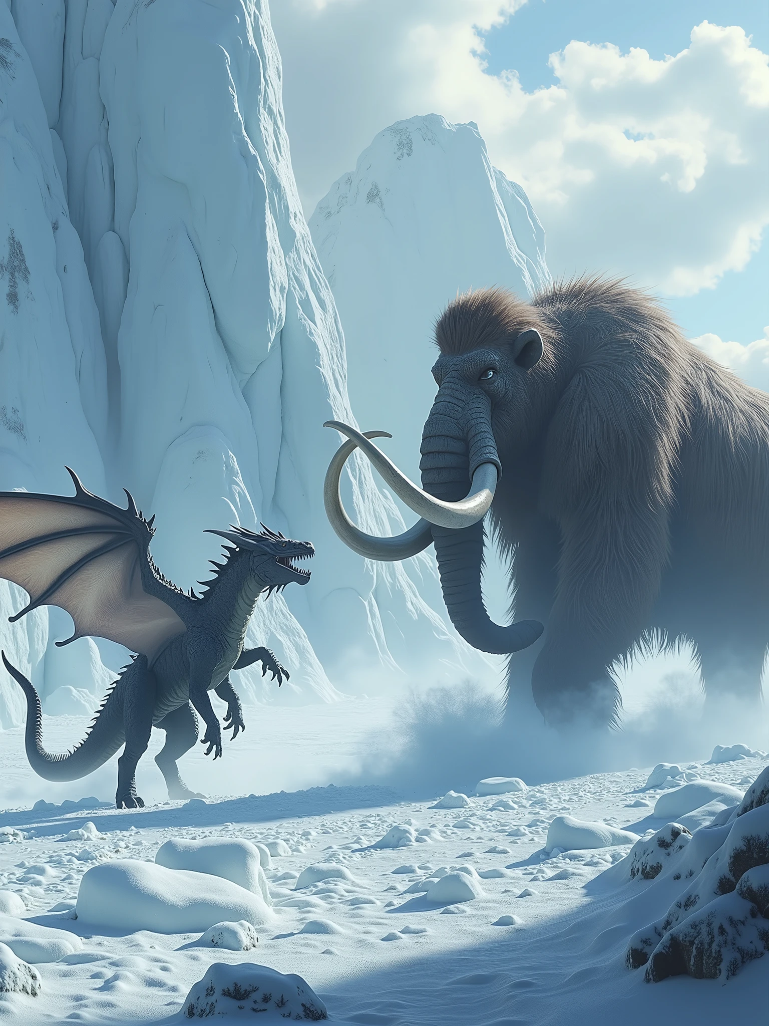 a dragón and a mammoth fighting in a cold place full of ice, 9:16, realistic