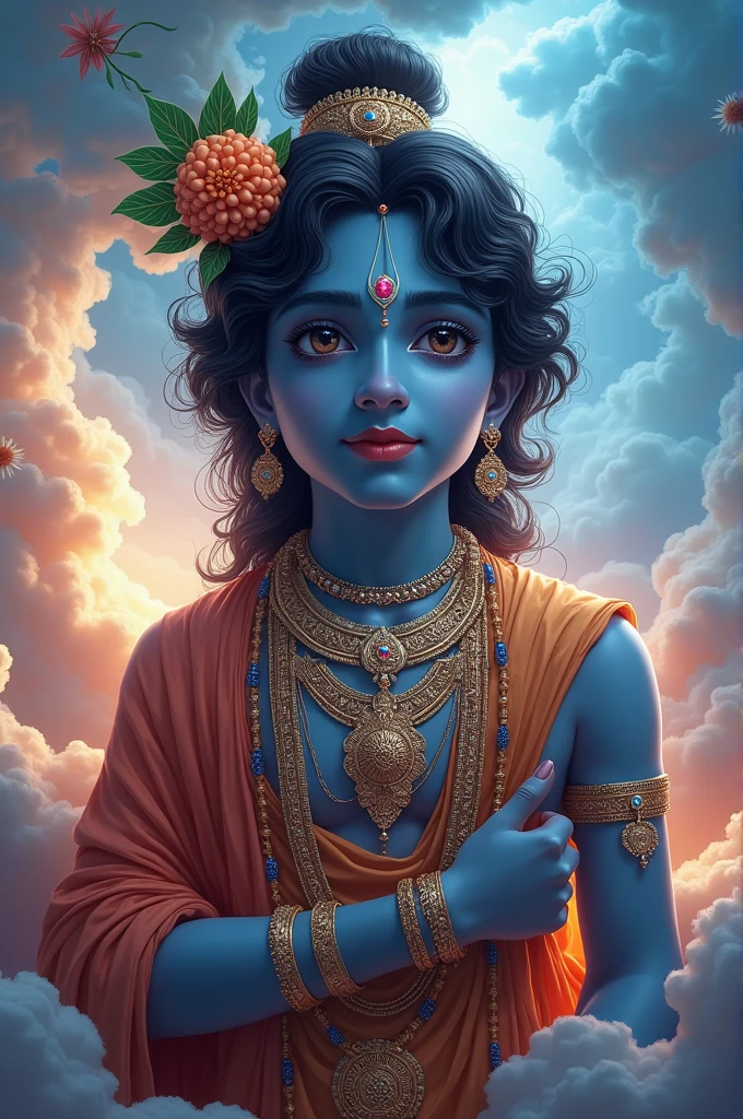 A beautiful image of Krishna in his divine form with a glowing aura.