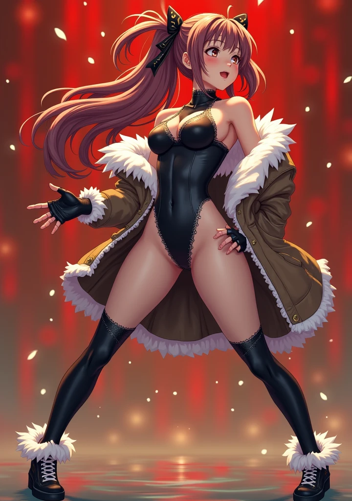 nsfw, Highest quality,masterpiece,8k,Anime Style One Girl,((Big Breasts:1.3)),orgasm,blush, Small Tits Sweat,mizuki yukikaze,Hair Ribbon, Black leotard, taimanin suit, One Piece Tan, Elbow hand pockets, Fur trim, Fingerless gloves, Frilled leotard, Thigh-high boots 