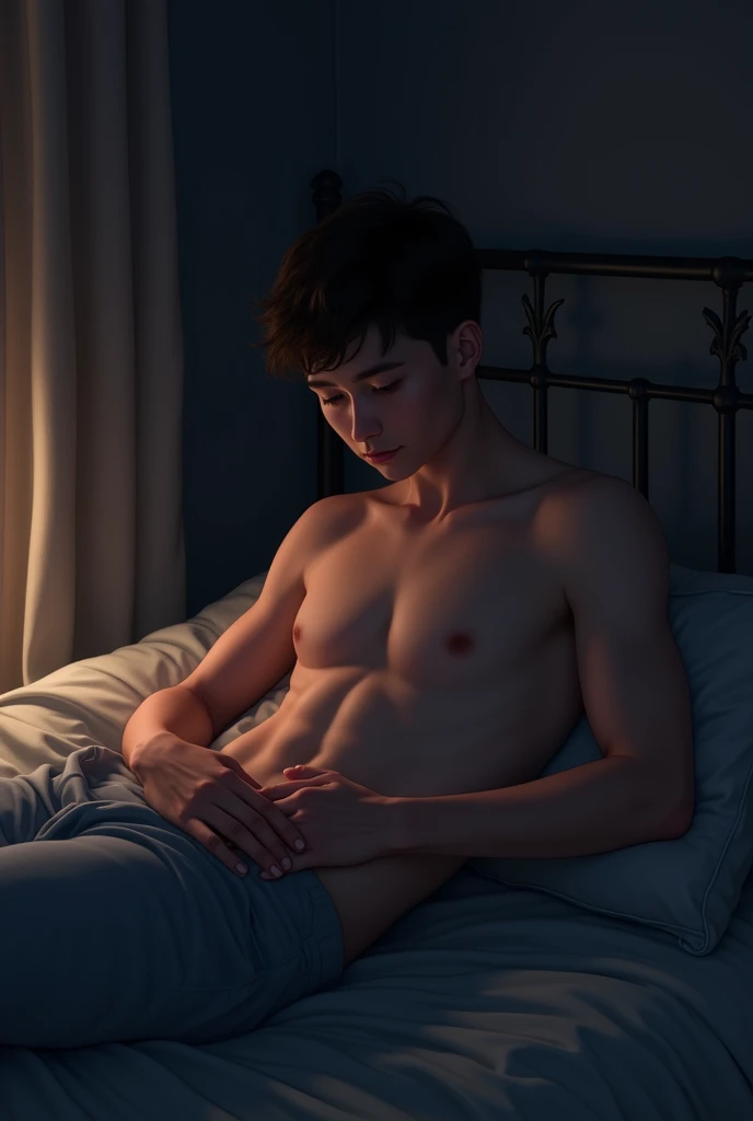 Boy ages 18 same as Jax pena lay at the bed touch his belly in the bedroom without Light without any shirt