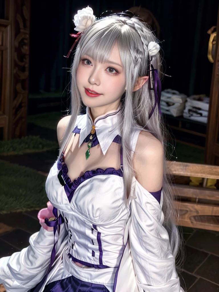 Highest quality、High resolution、Ultra-detailed、8k, Emilia、Emilia Masterpiece、Highest quality, In the castle courtyard, Bans, Clothes are white, 長いsleevemouth, just_shoulder, dull_前hair, Blurred, Blurred_background, Blurred_prospect, blush, Braid, chestout, huge breats,sexy body,chestの谷間, Closed_mouth, cloud, crown_Braiding, Tag, depth_In_Field, independent_sleeve, dress, Emilia_\(Again:Stay Night\), eyebrows_appear_Through_hair, flower柄, Precious stones, hair_flower, hair_Decorations have been removed, hair_ribbon, lens_Flare, length_hair, look up_in_Audience, low_length_hair, Moderate_chest, One_eye_Closed, Plein Air, Pleats_skirt, Spiky_ear, purple_eye, purple_ribbon, ribbon, Silver_hair, skirtの, null, Laughter, solo, very_length_hair, white_flower
