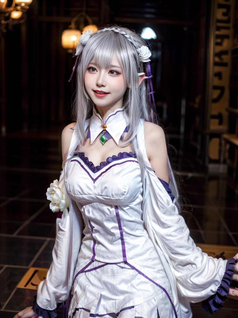 Highest quality、High resolution、Ultra-detailed、8k, Emilia、Emilia Masterpiece、Highest quality, In the castle courtyard, Bans, Clothes are white, 長いsleevemouth, just_shoulder, dull_前hair, Blurred, Blurred_background, Blurred_prospect, blush, Braid, chestout, huge breats,sexy body,chestの谷間, Closed_mouth, cloud, crown_Braiding, Tag, depth_In_Field, independent_sleeve, dress, Emilia_\(Again:Stay Night\), eyebrows_appear_Through_hair, flower柄, Precious stones, hair_flower, hair_Decorations have been removed, hair_ribbon, lens_Flare, length_hair, look up_in_Audience, low_length_hair, Moderate_chest, One_eye_Closed, Plein Air, Pleats_skirt, Spiky_ear, purple_eye, purple_ribbon, ribbon, Silver_hair, skirtの, null, Laughter, solo, very_length_hair, white_flower