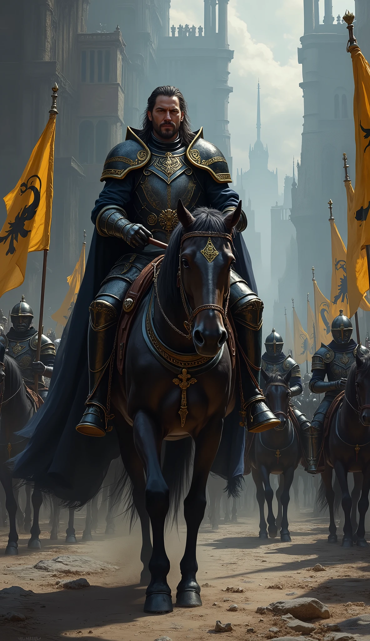 A full-body, realistic depiction of Kael Valaran, the Lord Commander of the Iron Talons, leading his army on horseback. Kael is clad in his masterfully crafted black armor adorned with gold ornaments, exuding authority and strength. He rides a powerful warhorse, its dark coat gleaming in the dim light. Behind him, the Iron Talon army marches out of a dark, imposing city with towering walls and shadowy streets. The soldiers are clad in armor, carrying banners with the black talon emblem, and the atmosphere is tense and foreboding. The scene captures the moment of departure as the army marches into an uncertain future, led by their formidable commander. The art style is realistic, with dark fantasy elements, emphasizing the grim and determined mood of the scene.