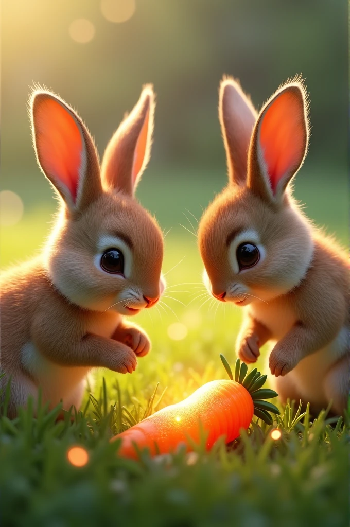 Hazel the male rabbit and Thistle the female Rabbit find a shimmering carrot half-buried in the grass from a distance 