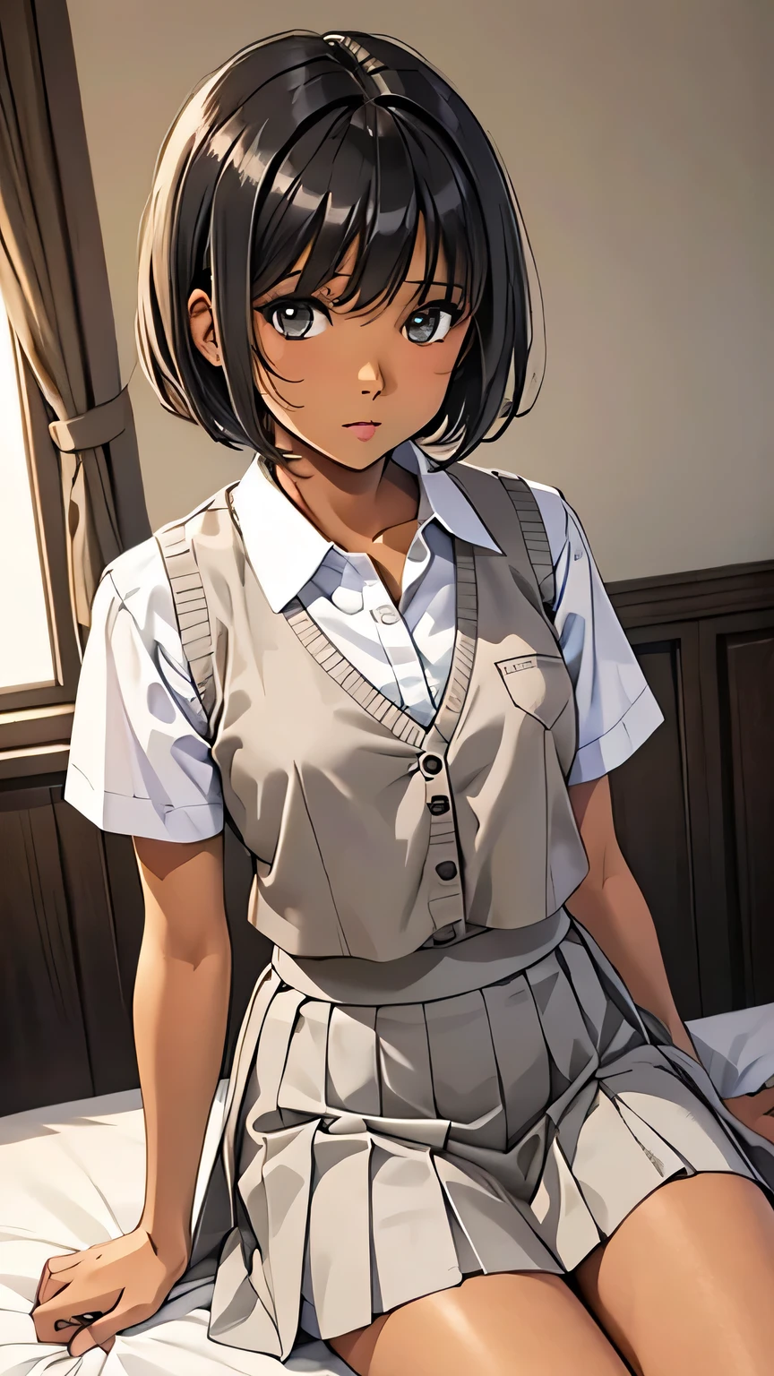 Highest quality、Realistic、、zoom、Primary school students、man、cute、Light grey eyes、Black Hair、short hair、Tanned brown skin、Dark Skin、Shirai short sleeve blouse、Ivory knit vest、Grey pleated skirt、Flat Chest、、thin、bed、