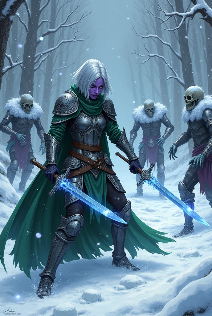 (Ultra-detailed face, looking away, Fantasy Illustration with Gothic, Ukiyo-e, Comic Art, Rich colors), 
BREAK 
(A female dark elf ranger is being attacked by multiple ice skeleton warriors in the midst of a heavy snowfall. She lowers herself with a shortsword, both hands glowing blue-white with cold-enhancing magic, and turns around and side-swipes the ice skeleton warriors with her sword.), 
BREAK 
(This is the extreme cold of the north. The trees in the forest have turned to ice, the starlust is falling, and the air is so cold that it glistens. Snow continues to fall and fresh snow piles high in the air.), 
BREAK 
(DarkElves: A middle-aged dark elf woman with silver color hair, blunt bangs, bob cut and dark purple color skin, lavender color eyes.), 
BREAK 
(DarkElves: A female dark elf ranger wears a full plate of mithril with runic reliefs and a short green cape.)